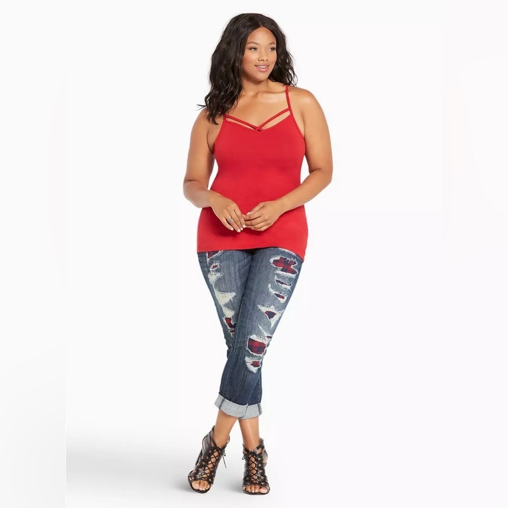TORRID (20R) Premium Boyfriend Jeans Dark Wash Plaid Destruction Mid-Rise - Picture 2 of 13